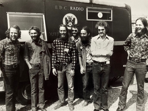The Ozark Mountain Daredevils doing promotion with BBC Radio, mid-1970s.